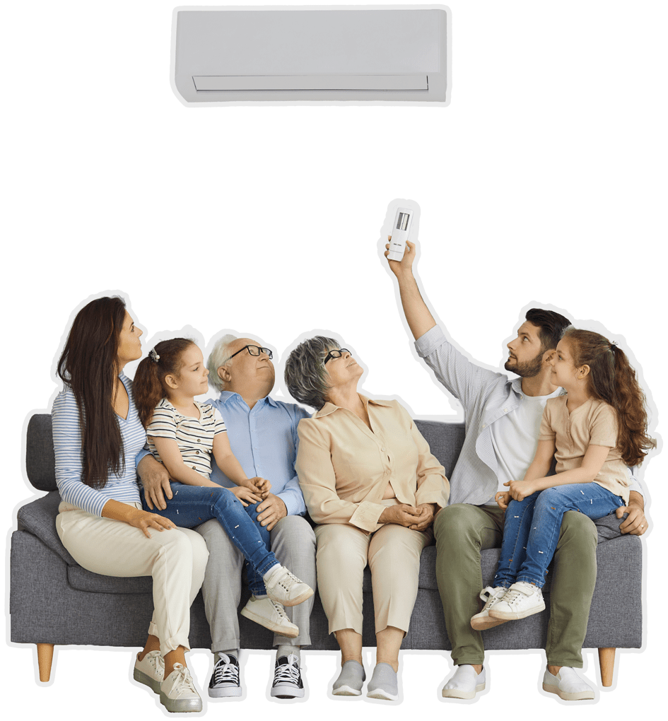 cut out image of a family sitting together on a sofa under a wall AC unit