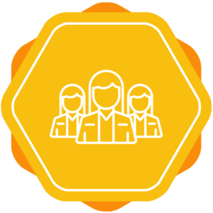 a group of people in an orange hexagon icon