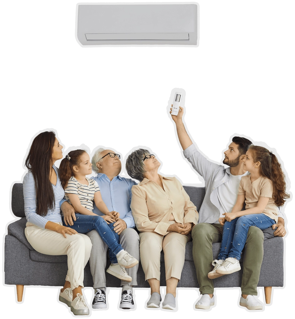 cut out image of a family sitting together on a sofa under a wall AC unit