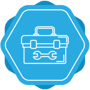 a blue hexagon icon of a toolbox
