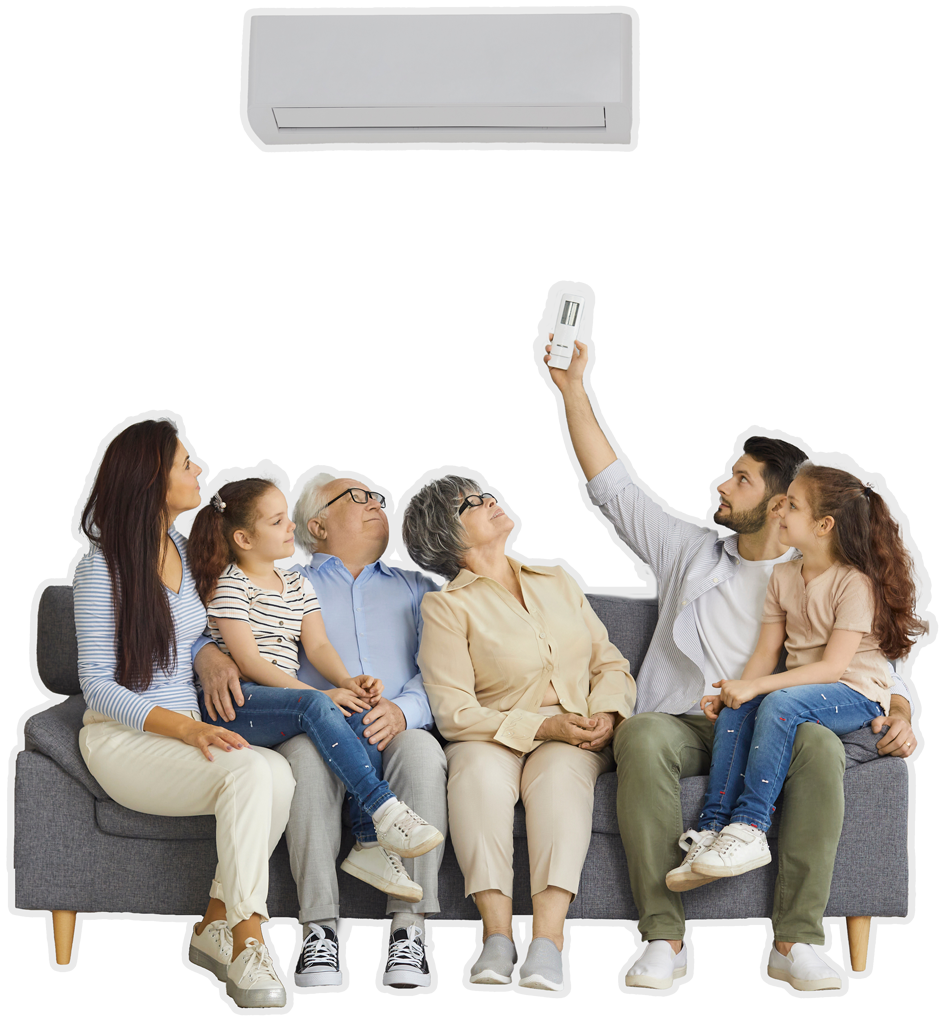 cut out image of a family sitting together on a sofa under a wall AC unit